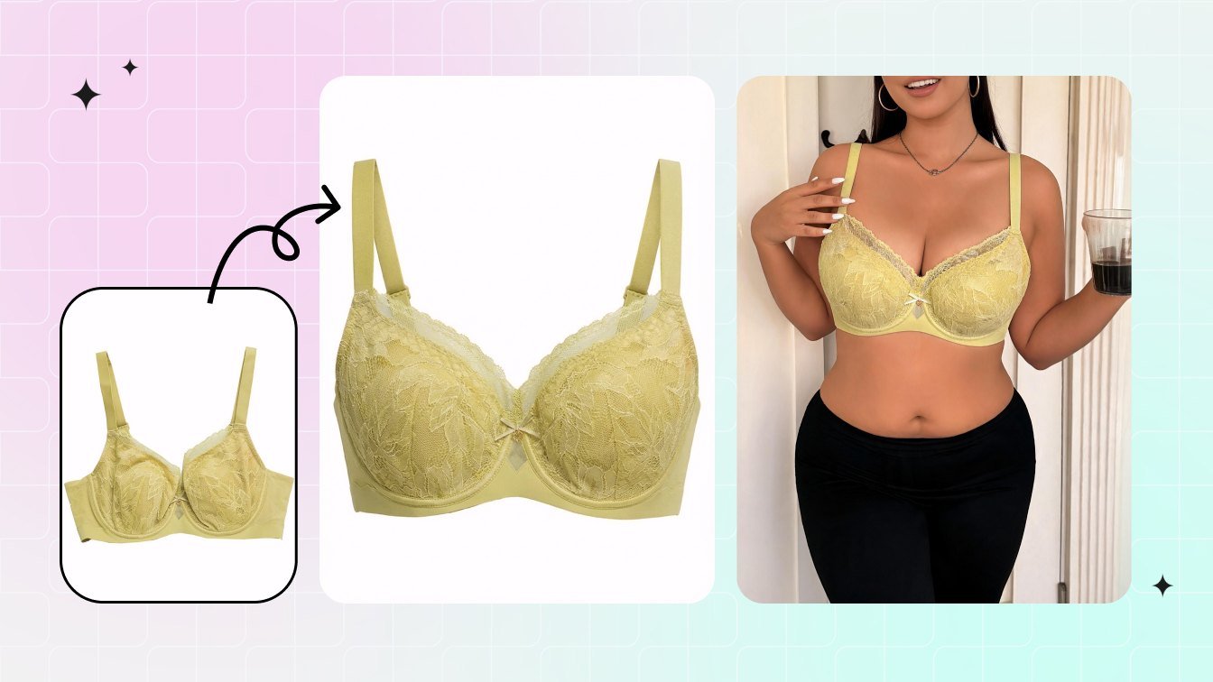 Yellow plus size bra with lace trim shown on a model
