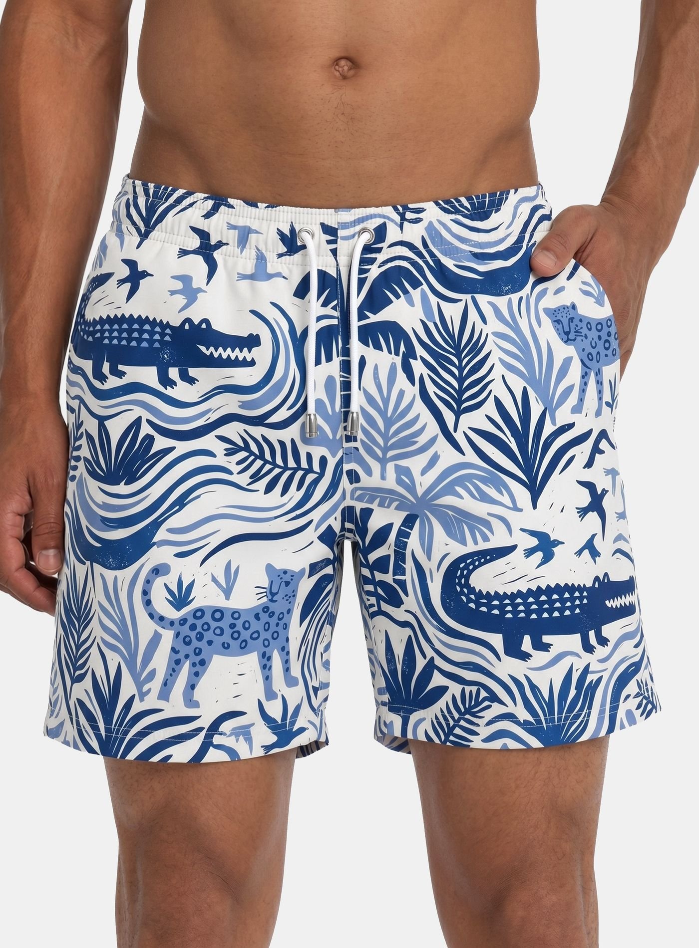 Man wearing blue and white patterned swim shorts