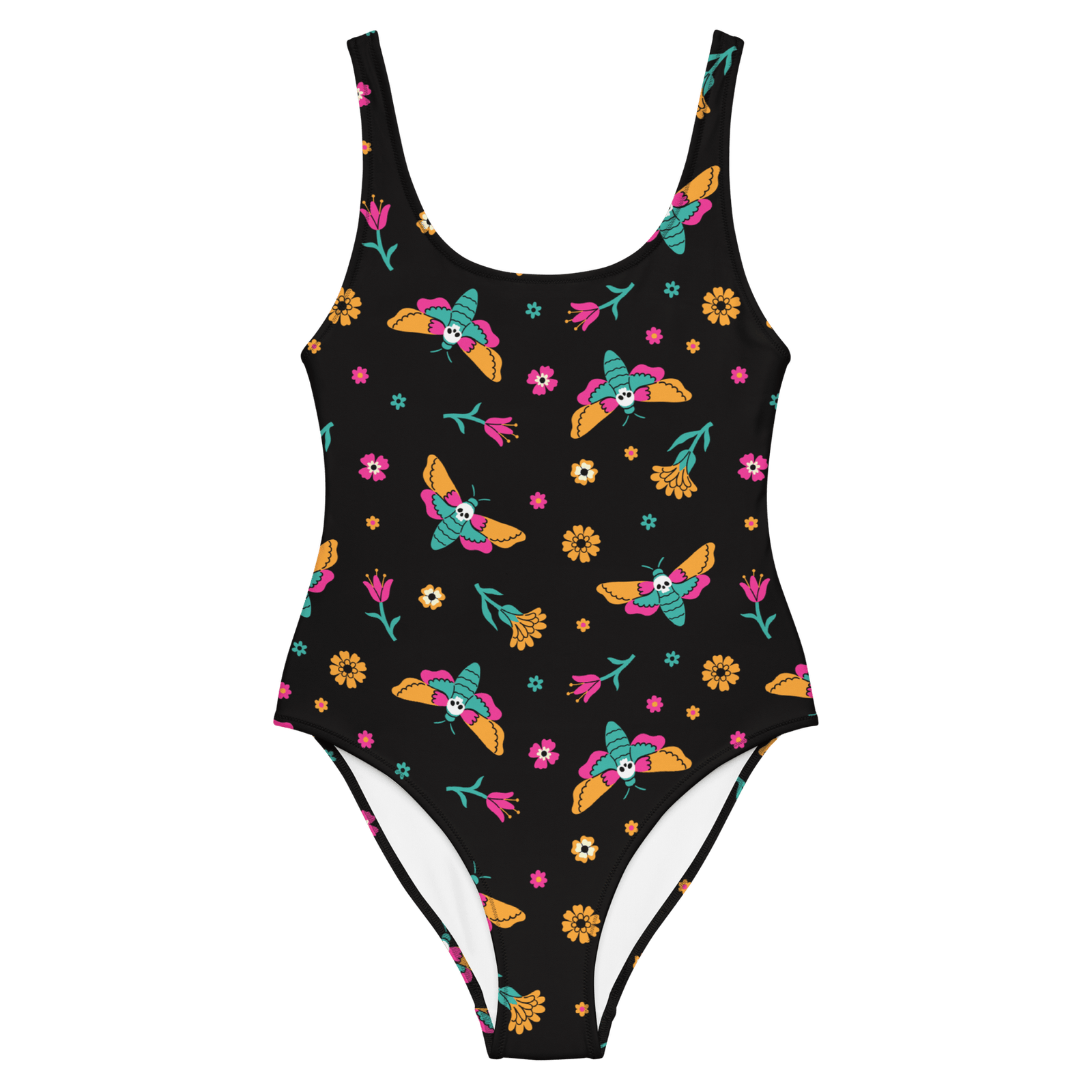Black one-piece swimsuit with a moth and floral pattern