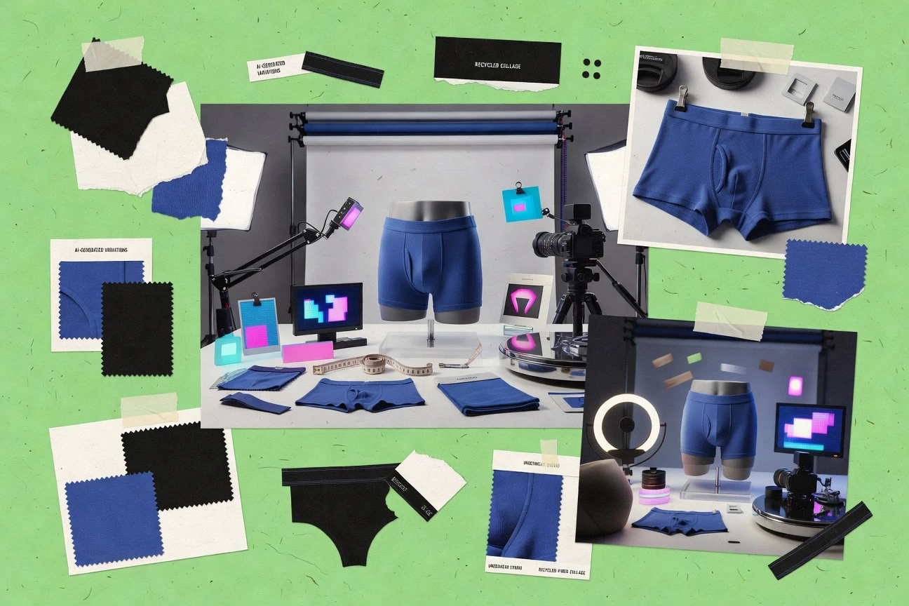 Collage of blue boxer briefs, fabric samples, and photography equipment