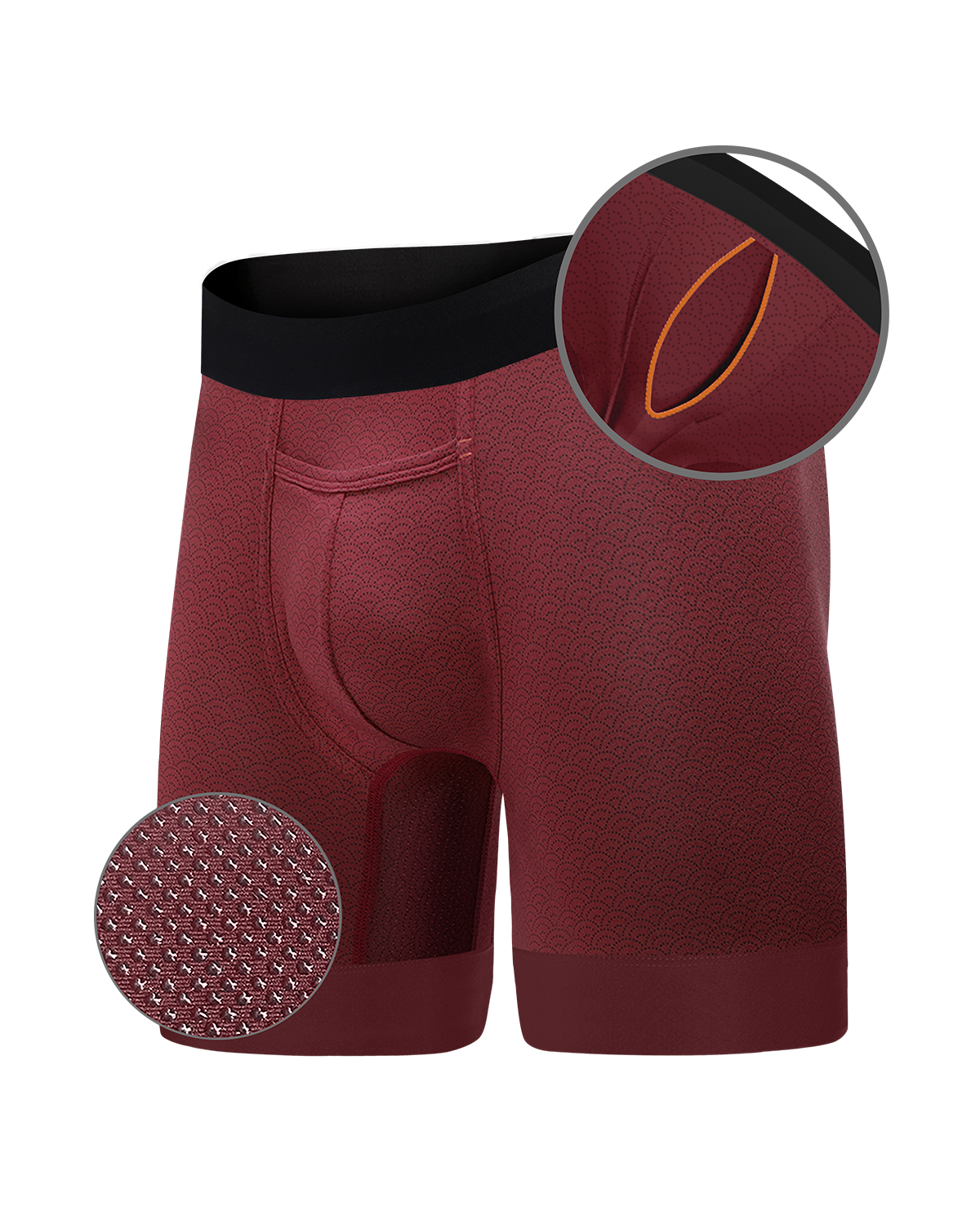 Maroon boxer briefs with a patterned fabric and pouch detail