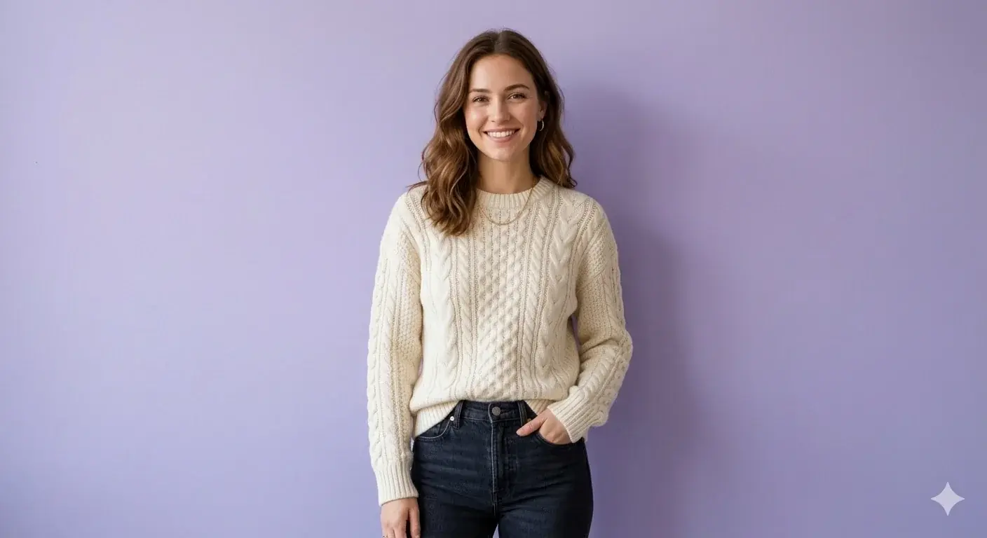 Woman wearing a cream cable knit sweater and black jeans
