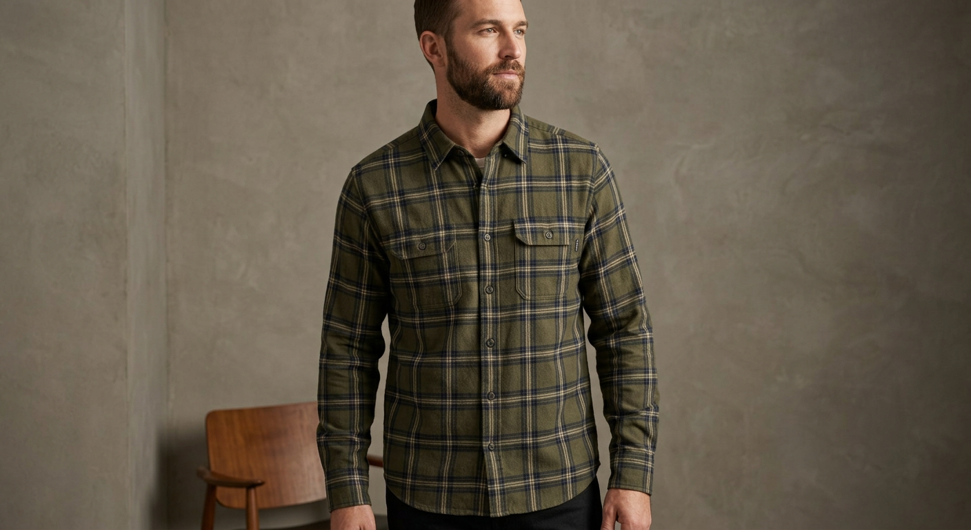 Man wearing a green and navy plaid flannel shirt