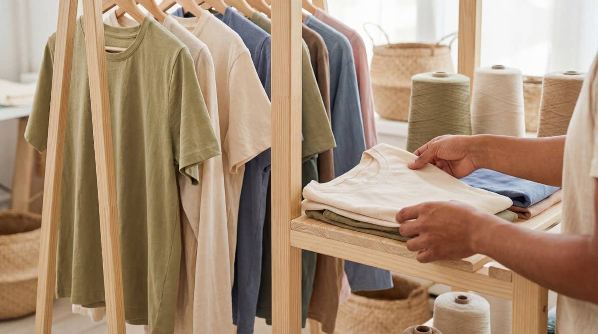 Folded and hanging plain cotton t-shirts in various neutral colors