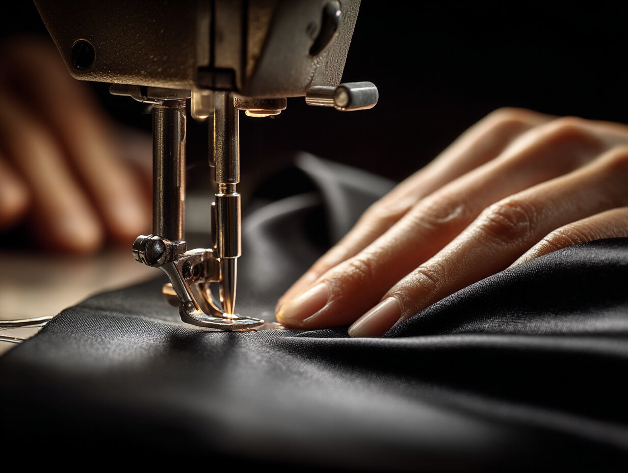 Close-up of a sewing machine needle stitching black fabric