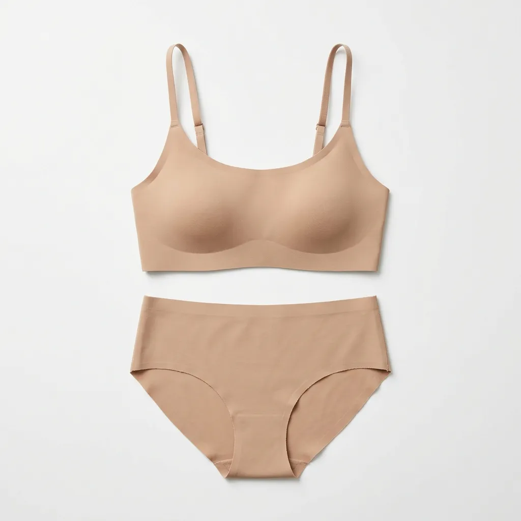 Beige seamless bra and briefs set on a white background