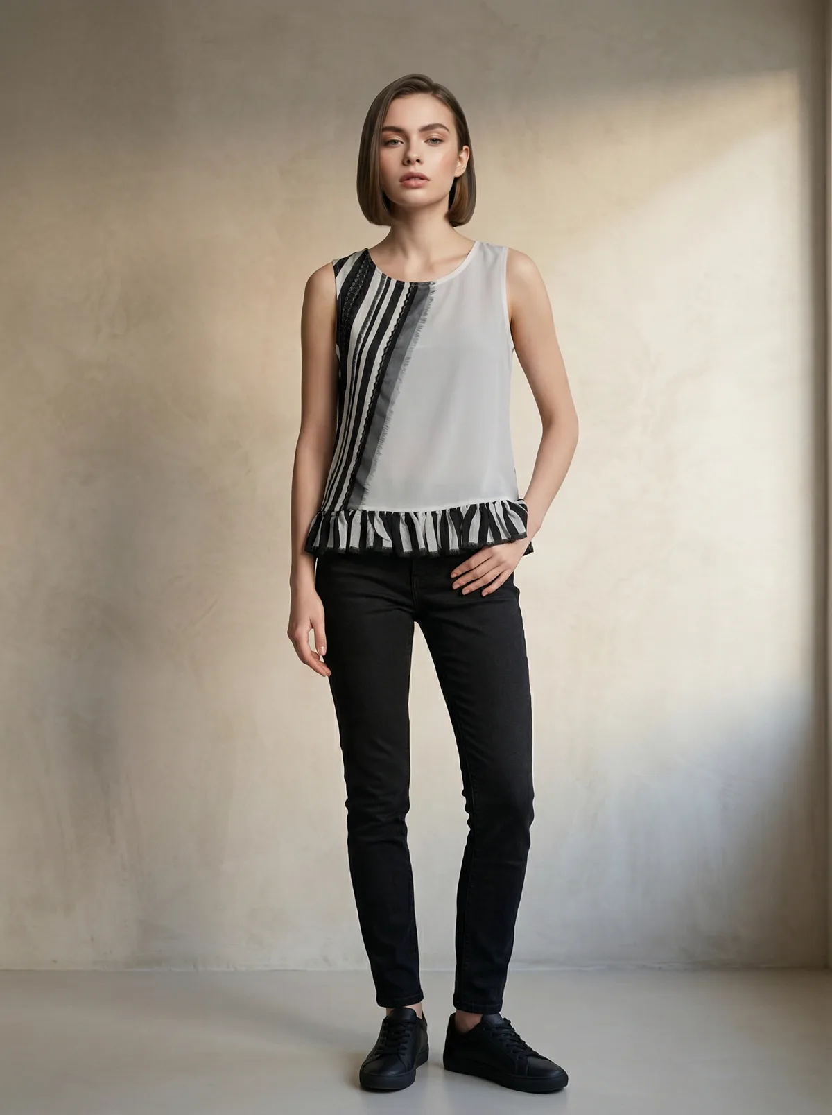 Woman wearing a sleeveless patterned top and black jeans