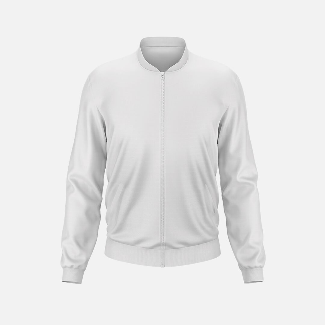 Plain white men's athletic bomber jacket with a full zip closure