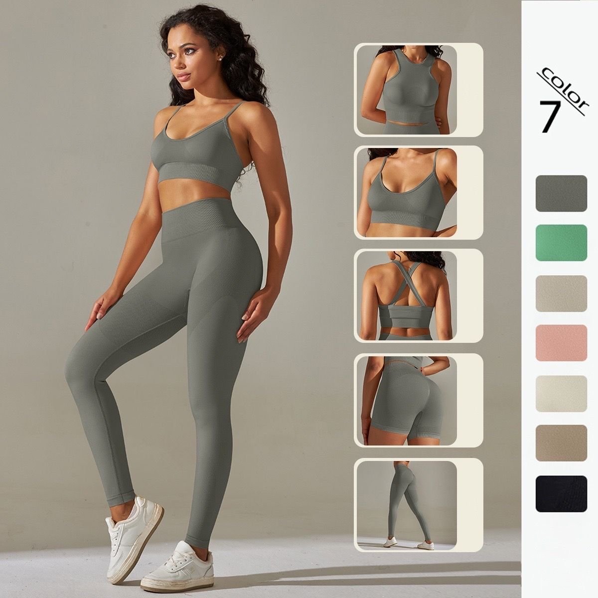 Woman wearing grey seamless yoga set with multiple color options shown