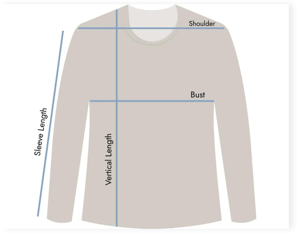 Diagram showing garment measurements for shoulder, bust, sleeve length, and vertical length.
