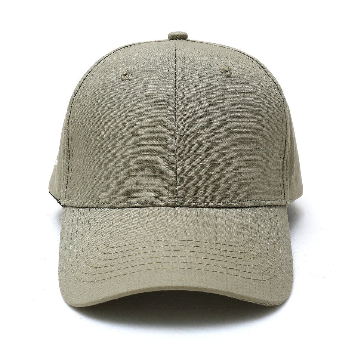 A plain khaki baseball cap made of ripstop cotton.