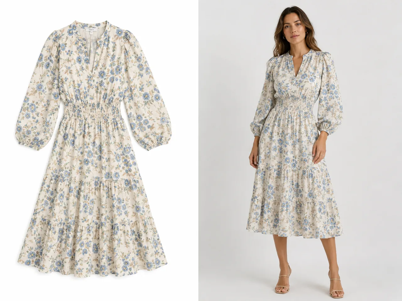 A floral print maxi dress with a tiered skirt and smocked waist