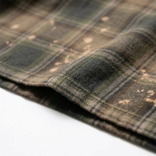 Custom Vintage Plaid Spray-Dyed Embroidered Shirt - Style 56FC14 Close-up of green and brown plaid fabric with spray dye and embroidery