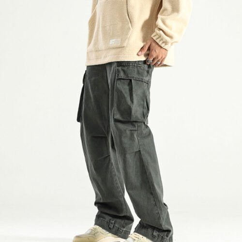 Custom Vintage-Washed Loose Multi-Pocket Cargo Pants - Style 5E528A Loose fit vintage-washed cargo pants with multiple utility pockets and adjustable features.