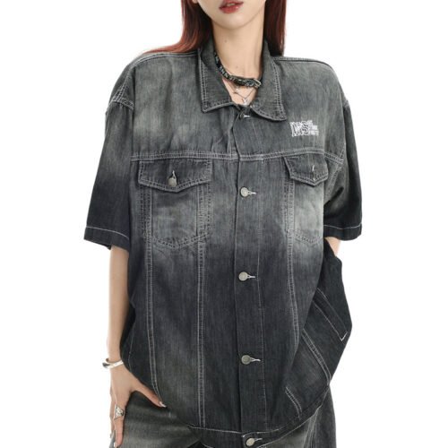 Custom Washed Gradient Denim Short-Sleeve Overshirt - Style B49B6F Custom Washed Gradient Denim Short-Sleeve Overshirt - Style B49B6F